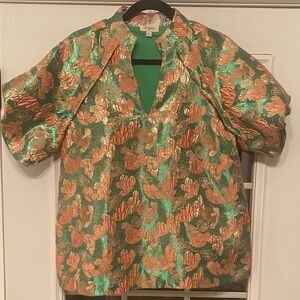 Umgee Metallic Green & Pink Floral Puff-Sleeve Blouse. Size M. Gorgeous!